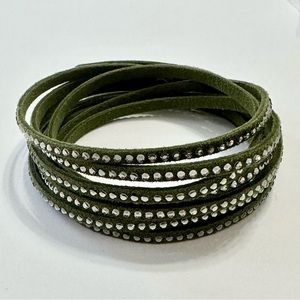 Olive green wrap stat bracelet with black diamond crystals by touchstone crystal